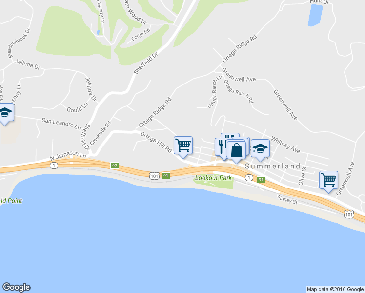 map of restaurants, bars, coffee shops, grocery stores, and more near 228 Ortega Ridge Road in Santa Barbara