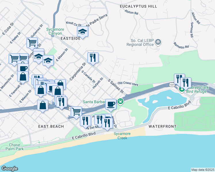map of restaurants, bars, coffee shops, grocery stores, and more near 331 South Salinas Street in Santa Barbara