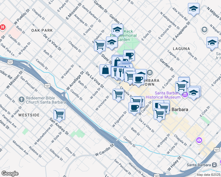 map of restaurants, bars, coffee shops, grocery stores, and more near 1319 Chapala Street in Santa Barbara