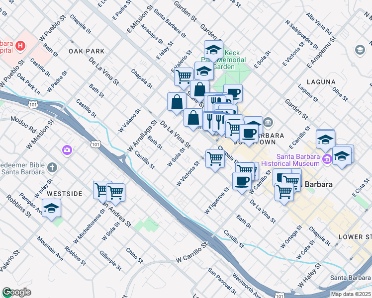 map of restaurants, bars, coffee shops, grocery stores, and more near 1404 De La Vina Street in Santa Barbara