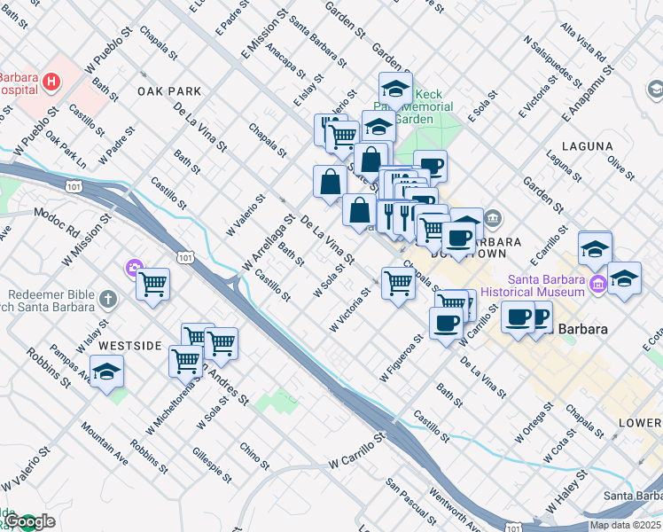map of restaurants, bars, coffee shops, grocery stores, and more near 1429 De La Vina Street in Santa Barbara