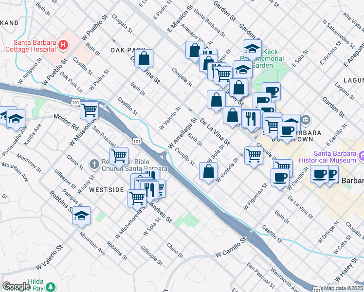 map of restaurants, bars, coffee shops, grocery stores, and more near in Santa Barbara
