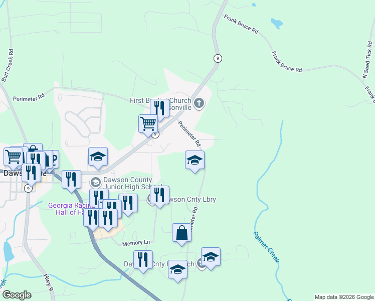 map of restaurants, bars, coffee shops, grocery stores, and more near 960 Perimeter Road in Dawsonville