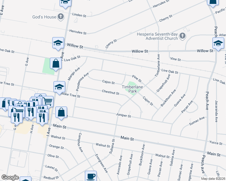 map of restaurants, bars, coffee shops, grocery stores, and more near 17826 Chestnut Street in Hesperia