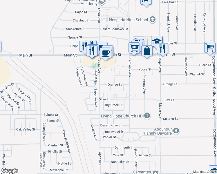 map of restaurants, bars, coffee shops, grocery stores, and more near 9482 Apricot Court in Hesperia