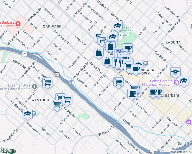 map of restaurants, bars, coffee shops, grocery stores, and more near 1418 Bath Street in Santa Barbara