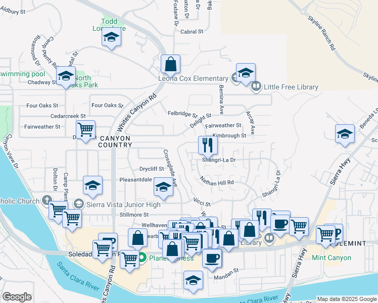 map of restaurants, bars, coffee shops, grocery stores, and more near 18802 Electra Court in Santa Clarita