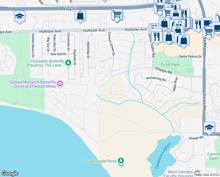 map of restaurants, bars, coffee shops, grocery stores, and more near 407 Ocean Bluff Drive in Goleta