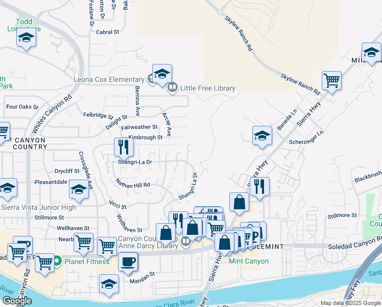 map of restaurants, bars, coffee shops, grocery stores, and more near 27711 Adonis Lane in Santa Clarita
