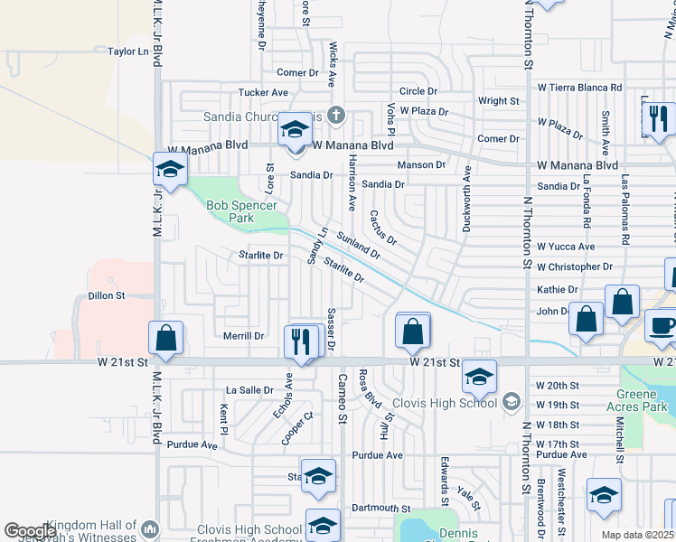 map of restaurants, bars, coffee shops, grocery stores, and more near 225 Sasser Drive in Clovis