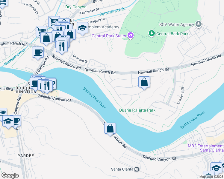 map of restaurants, bars, coffee shops, grocery stores, and more near 26607 Millhouse Drive in Santa Clarita