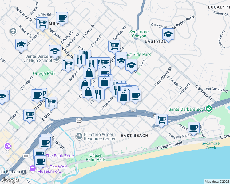 map of restaurants, bars, coffee shops, grocery stores, and more near 102 North Milpas Street in Santa Barbara
