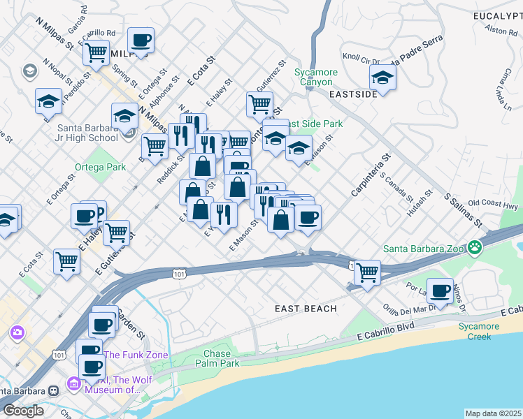 map of restaurants, bars, coffee shops, grocery stores, and more near 121 Juana Maria Street in Santa Barbara