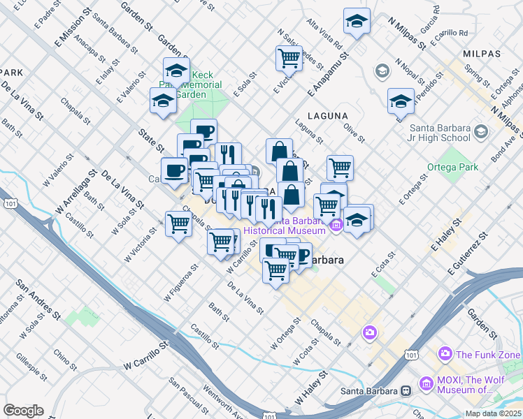 map of restaurants, bars, coffee shops, grocery stores, and more near 1036 Anacapa Street in Santa Barbara