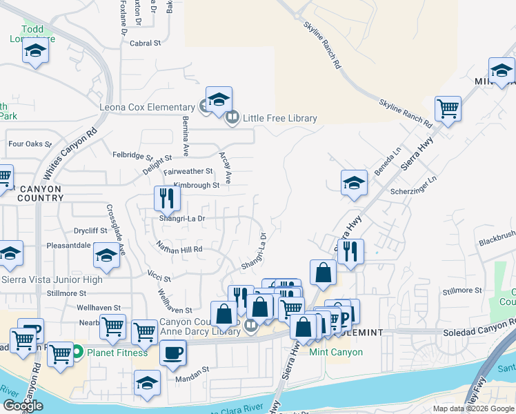 map of restaurants, bars, coffee shops, grocery stores, and more near 27711 Adonis Lane in Santa Clarita