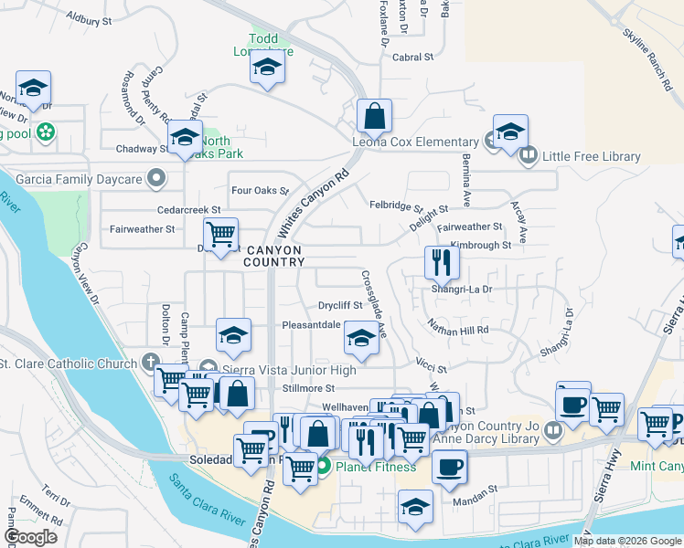 map of restaurants, bars, coffee shops, grocery stores, and more near 19023 Newhouse Street in Santa Clarita