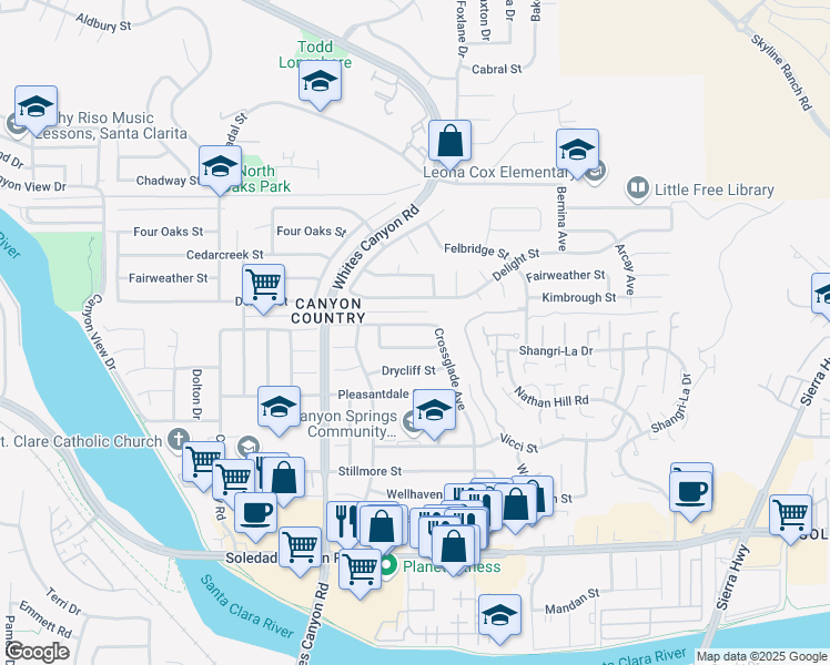 map of restaurants, bars, coffee shops, grocery stores, and more near 19023 Newhouse Street in Santa Clarita