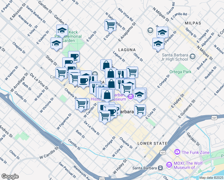 map of restaurants, bars, coffee shops, grocery stores, and more near 118 East Carrillo Street in Santa Barbara