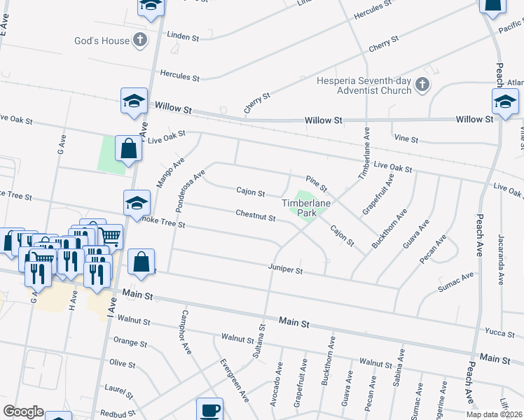 map of restaurants, bars, coffee shops, grocery stores, and more near 17826 Chestnut Street in Hesperia