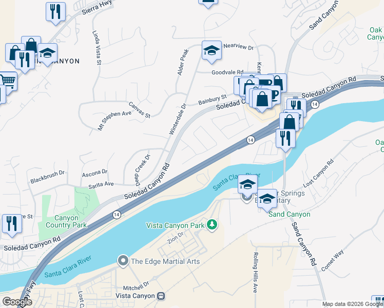 map of restaurants, bars, coffee shops, grocery stores, and more near 16905 Shinedale Drive in Santa Clarita