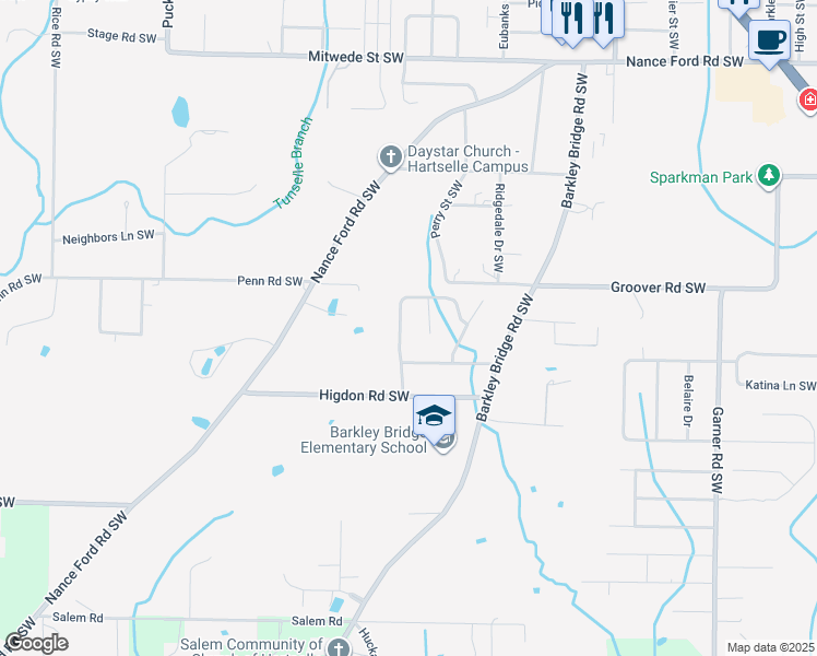 map of restaurants, bars, coffee shops, grocery stores, and more near 1905 Glenwood Drive Southwest in Hartselle