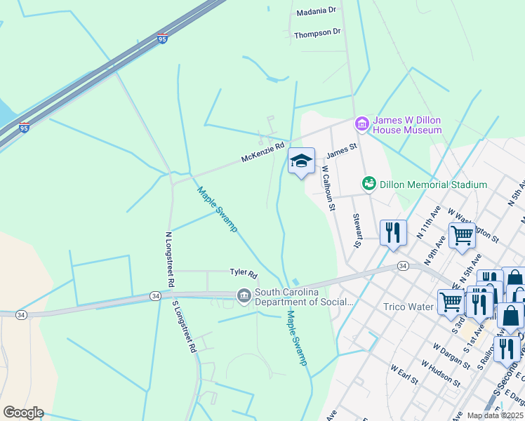 map of restaurants, bars, coffee shops, grocery stores, and more near 1041 Coward Court in Dillon
