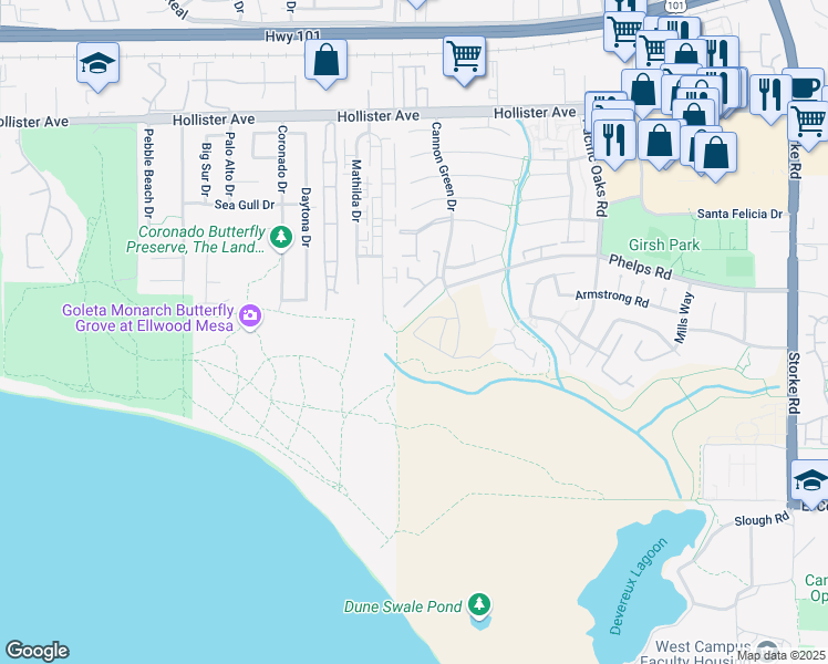 map of restaurants, bars, coffee shops, grocery stores, and more near 533 Coral Way in Goleta