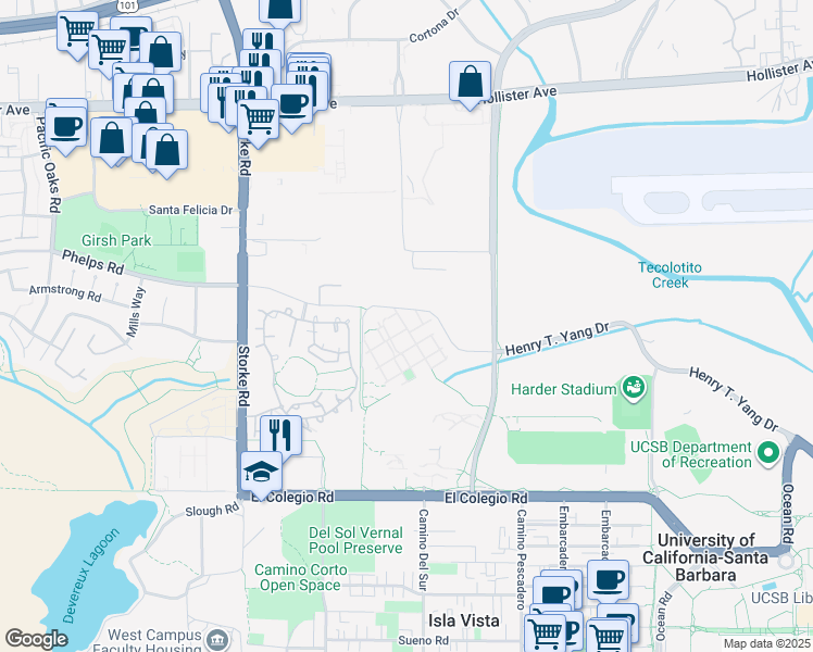 map of restaurants, bars, coffee shops, grocery stores, and more near 768 Laurel Walk in Isla Vista