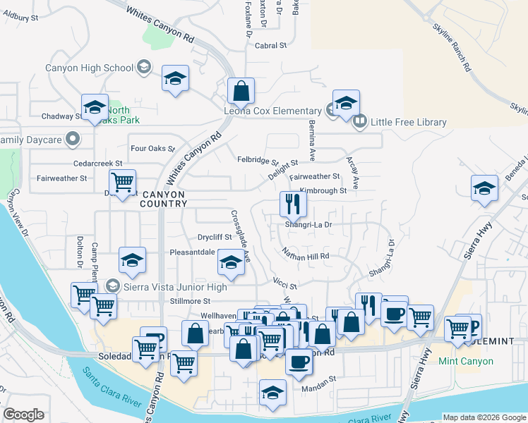 map of restaurants, bars, coffee shops, grocery stores, and more near 27713 Iris Court in Santa Clarita