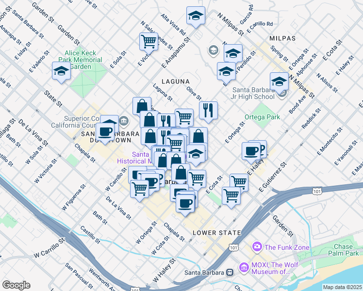 map of restaurants, bars, coffee shops, grocery stores, and more near in Santa Barbara