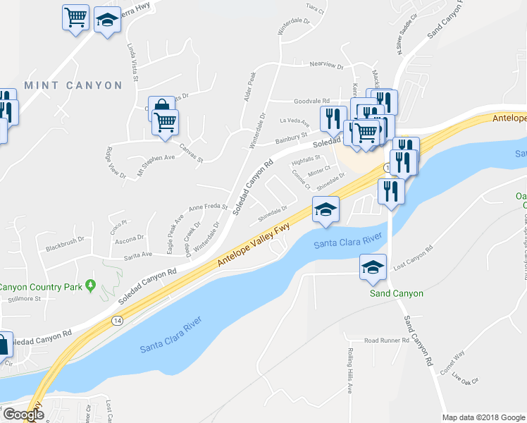 map of restaurants, bars, coffee shops, grocery stores, and more near 16905 Shinedale Drive in Santa Clarita