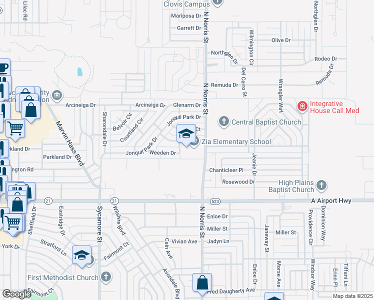 map of restaurants, bars, coffee shops, grocery stores, and more near 2400 North Norris Street in Clovis