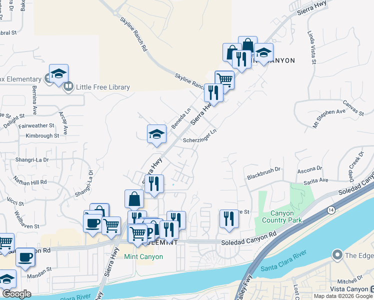 map of restaurants, bars, coffee shops, grocery stores, and more near 28015 Sarabande Lane in Santa Clarita