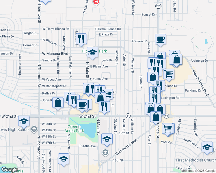map of restaurants, bars, coffee shops, grocery stores, and more near 133 East Yucca Avenue in Clovis
