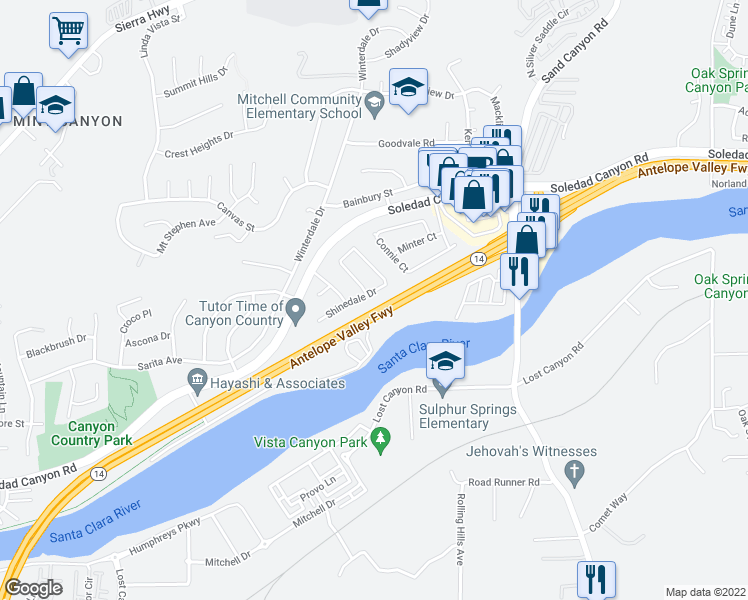 map of restaurants, bars, coffee shops, grocery stores, and more near 16832 Shinedale Drive in Santa Clarita