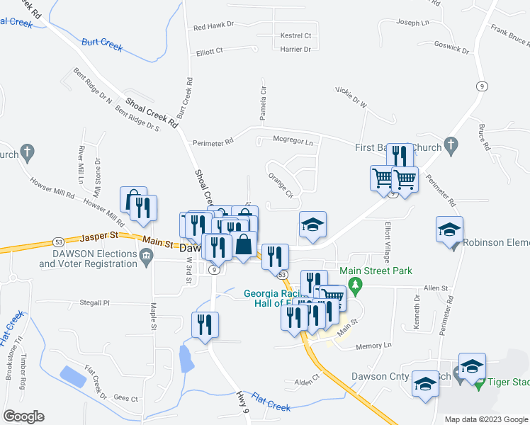 map of restaurants, bars, coffee shops, grocery stores, and more near 167 Marmalade Trail in Dawsonville