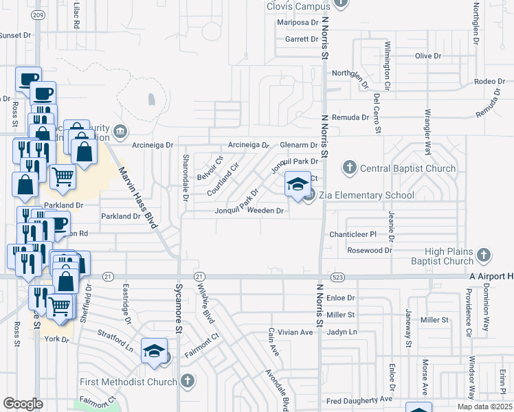 map of restaurants, bars, coffee shops, grocery stores, and more near 1900 Weeden Drive in Clovis