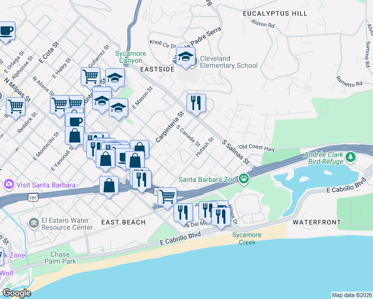 map of restaurants, bars, coffee shops, grocery stores, and more near 212 South Canada Street in Santa Barbara