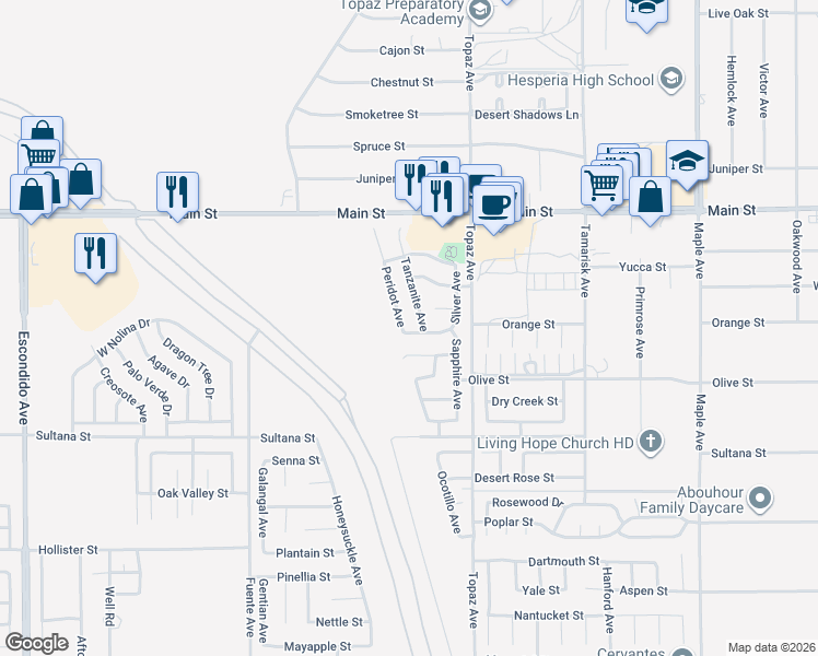 map of restaurants, bars, coffee shops, grocery stores, and more near 9522 Peridot Avenue in Hesperia