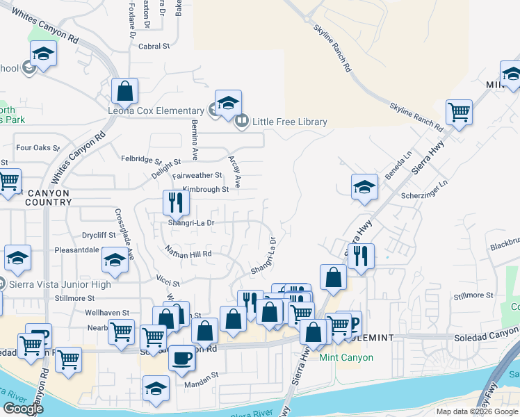 map of restaurants, bars, coffee shops, grocery stores, and more near 27711 Adonis Lane in Santa Clarita