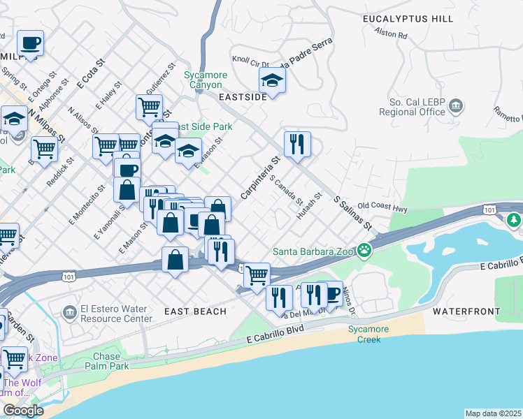 map of restaurants, bars, coffee shops, grocery stores, and more near 1215 Cacique Street in Santa Barbara