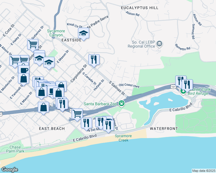 map of restaurants, bars, coffee shops, grocery stores, and more near 331 South Salinas Street in Santa Barbara