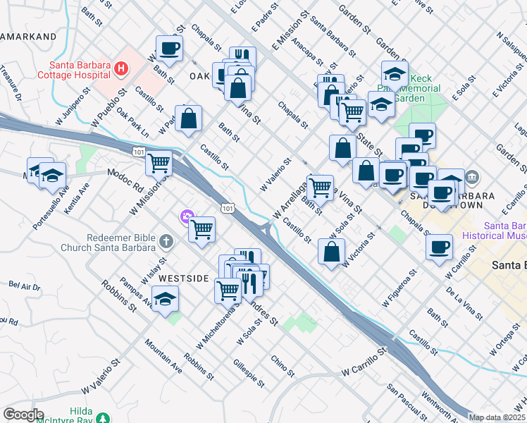 map of restaurants, bars, coffee shops, grocery stores, and more near 1626 Castillo Street in Santa Barbara