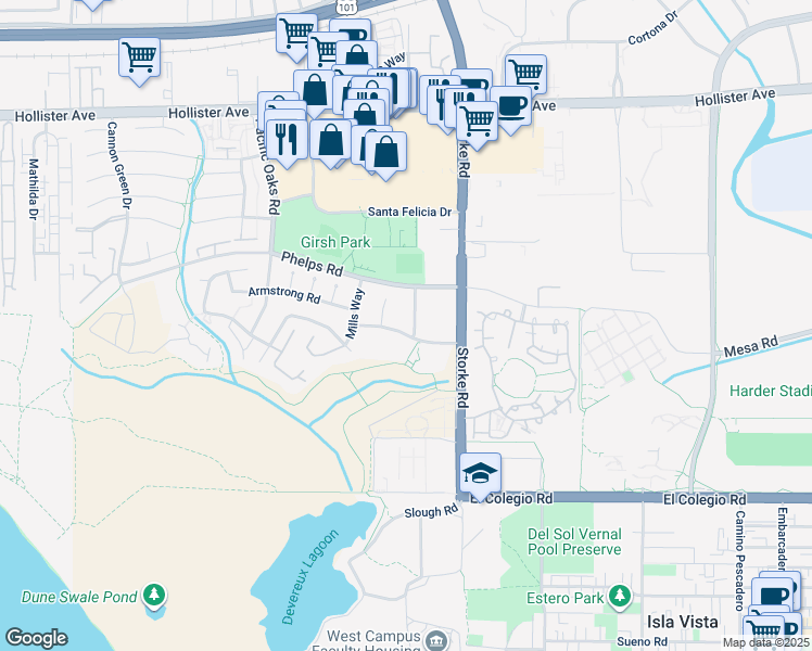 map of restaurants, bars, coffee shops, grocery stores, and more near 470 Linfield Place in Goleta
