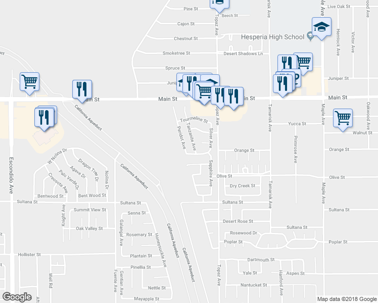 map of restaurants, bars, coffee shops, grocery stores, and more near 9495 Peridot Avenue in Hesperia