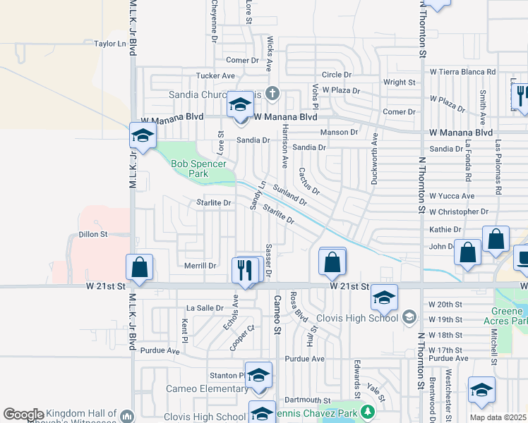 map of restaurants, bars, coffee shops, grocery stores, and more near 240 Sasser Drive in Clovis