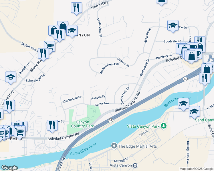 map of restaurants, bars, coffee shops, grocery stores, and more near 28075 Valcour Drive in Santa Clarita