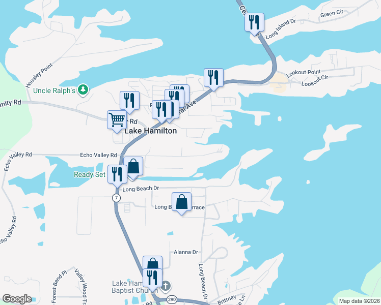 map of restaurants, bars, coffee shops, grocery stores, and more near 112 Viewpoint Circle in Lake Hamilton