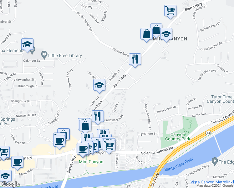 map of restaurants, bars, coffee shops, grocery stores, and more near 28015 Sarabande Lane in Santa Clarita