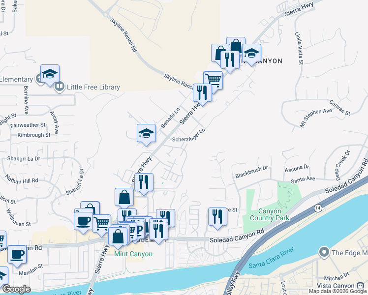 map of restaurants, bars, coffee shops, grocery stores, and more near 28010 Tiffany Lane in Santa Clarita